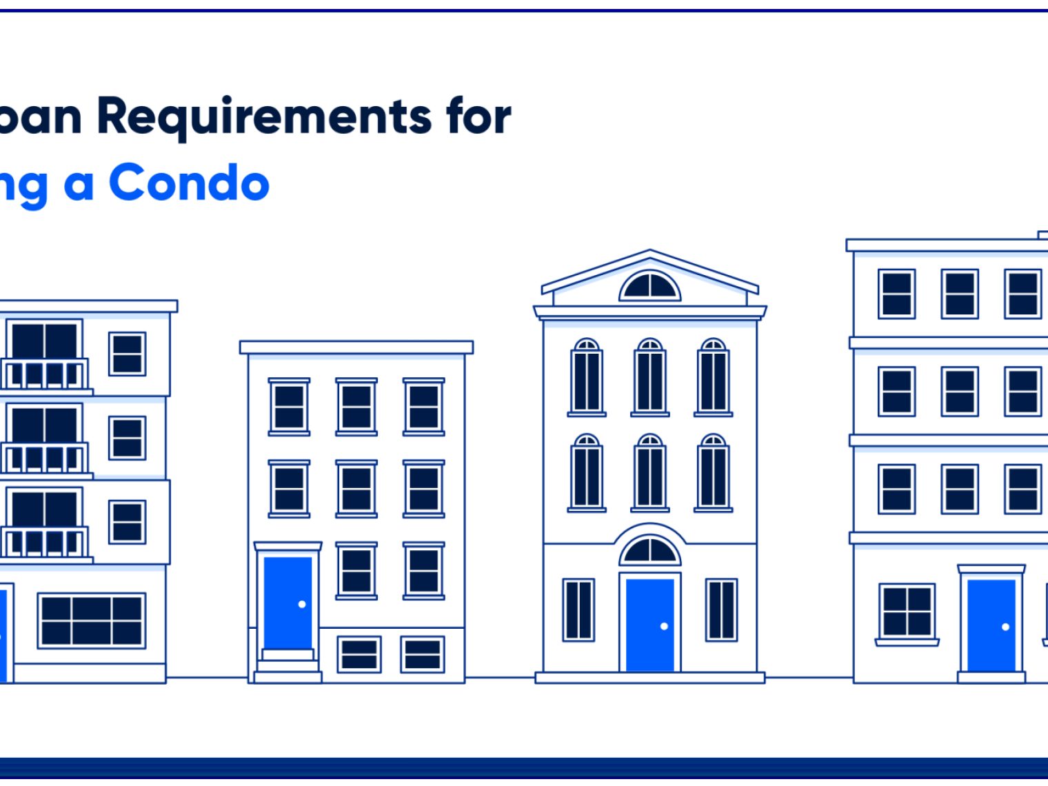 Four illustrated condo buildings with blue doors.